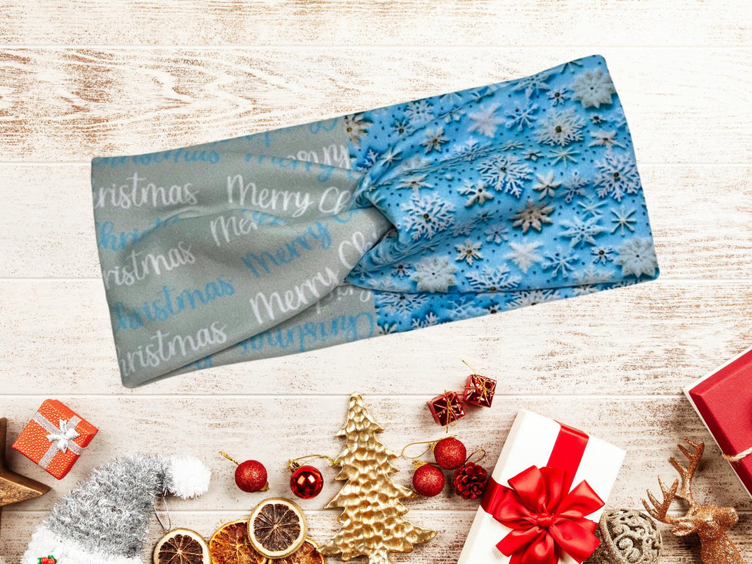 blue & Gray Merry Christmas w/ snowflakes twist headband