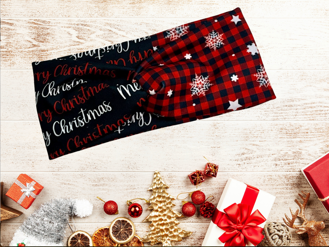 Merry Christmas plaid & snowflakes twist headband